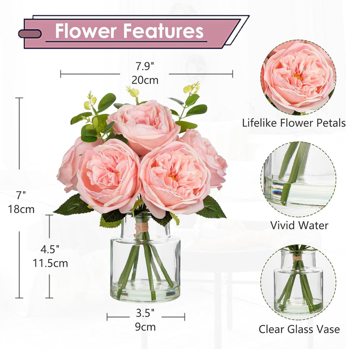 Real Touch Peonies Artificial Flowers Arrangements in Vase Pink Fake Peonies with Glass Vase Silk David Austin Roses Faux Flowers with Faux Water Bouquet Table Floral Centerpiece Home Decor