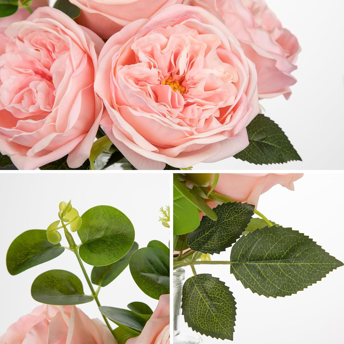 Real Touch Peonies Artificial Flowers Arrangements in Vase Pink Fake Peonies with Glass Vase Silk David Austin Roses Faux Flowers with Faux Water Bouquet Table Floral Centerpiece Home Decor