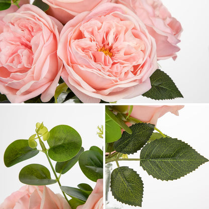 Real Touch Peonies Artificial Flowers Arrangements in Vase Pink Fake Peonies with Glass Vase Silk David Austin Roses Faux Flowers with Faux Water Bouquet Table Floral Centerpiece Home Decor