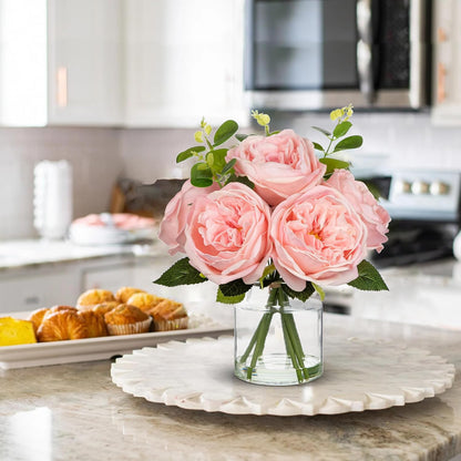 Real Touch Peonies Artificial Flowers Arrangements in Vase Pink Fake Peonies with Glass Vase Silk David Austin Roses Faux Flowers with Faux Water Bouquet Table Floral Centerpiece Home Decor