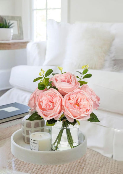 Real Touch Peonies Artificial Flowers Arrangements in Vase Pink Fake Peonies with Glass Vase Silk David Austin Roses Faux Flowers with Faux Water Bouquet Table Floral Centerpiece Home Decor
