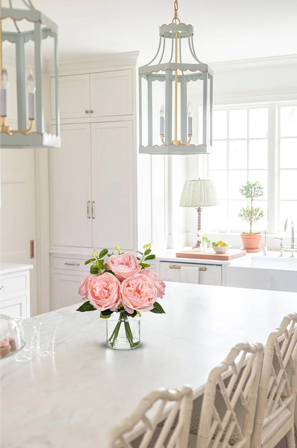 Real Touch Peonies Artificial Flowers Arrangements in Vase Pink Fake Peonies with Glass Vase Silk David Austin Roses Faux Flowers with Faux Water Bouquet Table Floral Centerpiece Home Decor