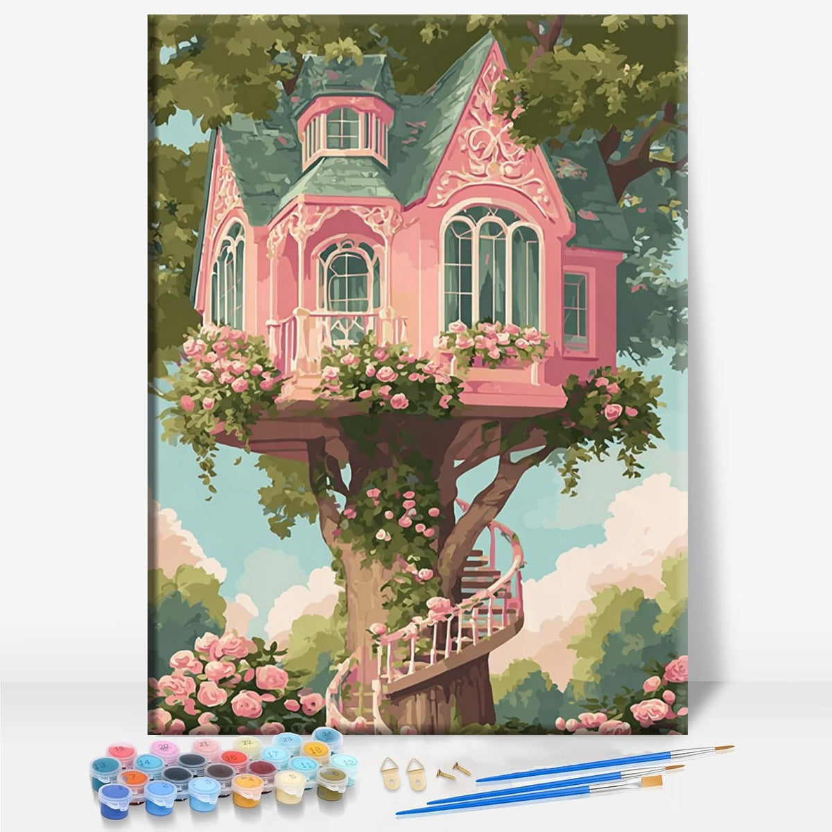 Pink Treehouse Fantasy Framed Canvas DIY Paint by Numbers Kit Bar Cafe Cave Home Room Wall Bathroom Porch Patio Decor Gift, 16 x 12 Inch