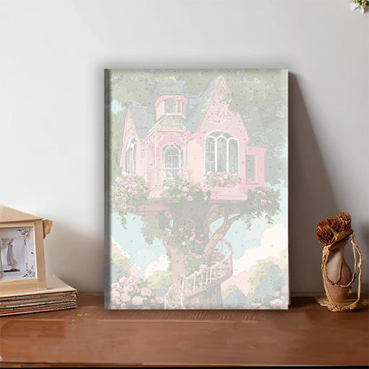 Pink Treehouse Fantasy Framed Canvas DIY Paint by Numbers Kit Bar Cafe Cave Home Room Wall Bathroom Porch Patio Decor Gift, 16 x 12 Inch