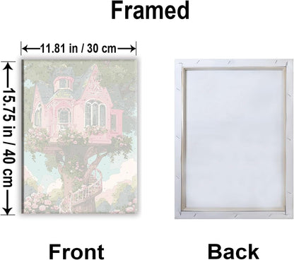 Pink Treehouse Fantasy Framed Canvas DIY Paint by Numbers Kit Bar Cafe Cave Home Room Wall Bathroom Porch Patio Decor Gift, 16 x 12 Inch