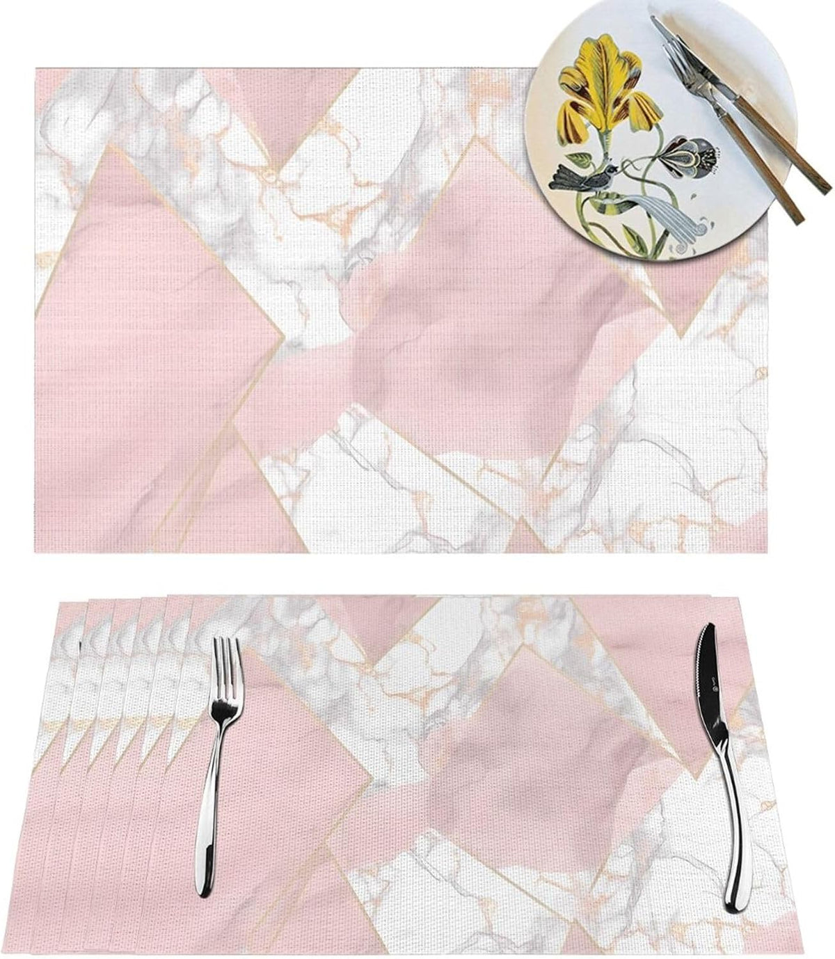 4 PCS Placemats Set Pink and Gold Marble Woven Placemats for Dining Table Heat Resistant Place Mats Non-Slip Washable PVC Table Mats for Party Kitchen Dining Decoration 12 x 18 Inch