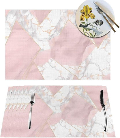 4 PCS Placemats Set Pink and Gold Marble Woven Placemats for Dining Table Heat Resistant Place Mats Non-Slip Washable PVC Table Mats for Party Kitchen Dining Decoration 12 x 18 Inch