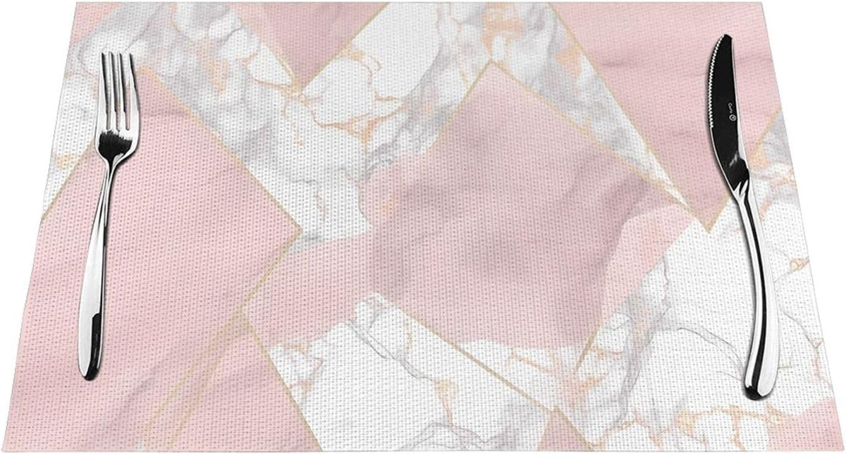 4 PCS Placemats Set Pink and Gold Marble Woven Placemats for Dining Table Heat Resistant Place Mats Non-Slip Washable PVC Table Mats for Party Kitchen Dining Decoration 12 x 18 Inch