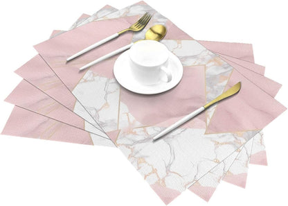 4 PCS Placemats Set Pink and Gold Marble Woven Placemats for Dining Table Heat Resistant Place Mats Non-Slip Washable PVC Table Mats for Party Kitchen Dining Decoration 12 x 18 Inch