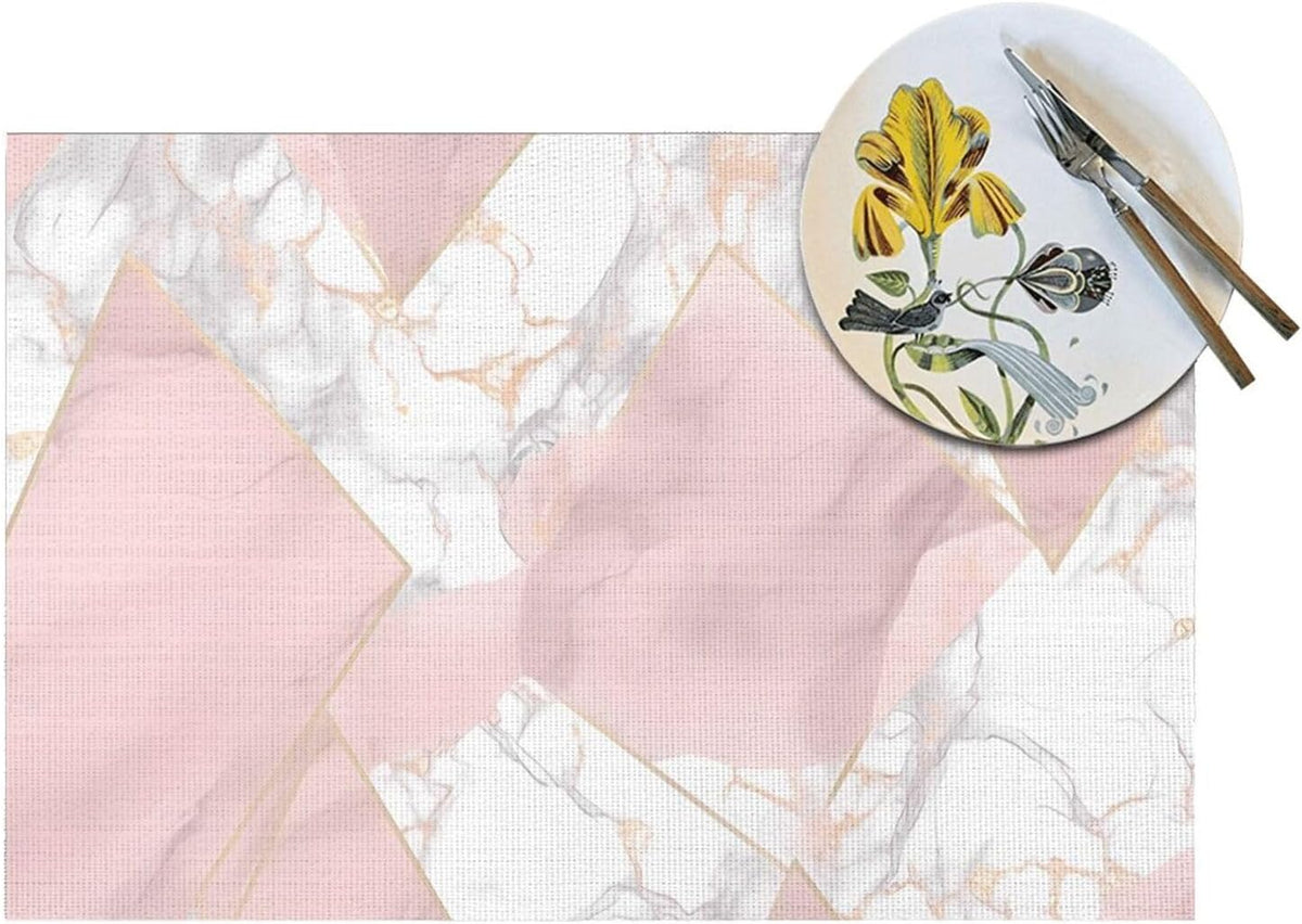 4 PCS Placemats Set Pink and Gold Marble Woven Placemats for Dining Table Heat Resistant Place Mats Non-Slip Washable PVC Table Mats for Party Kitchen Dining Decoration 12 x 18 Inch