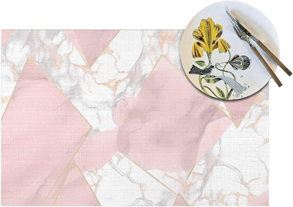 4 PCS Placemats Set Pink and Gold Marble Woven Placemats for Dining Table Heat Resistant Place Mats Non-Slip Washable PVC Table Mats for Party Kitchen Dining Decoration 12 x 18 Inch