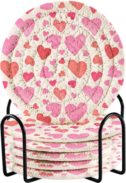 Pink Heart Pattern Coasters Set of 6 with Holder, Woven Rope Coasters for Drinks, Coasters for Dining Table, Office, Home Decor & Tabletop Protection