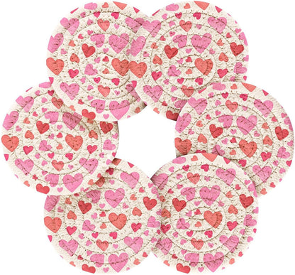 Pink Heart Pattern Coasters Set of 6 with Holder, Woven Rope Coasters for Drinks, Coasters for Dining Table, Office, Home Decor & Tabletop Protection