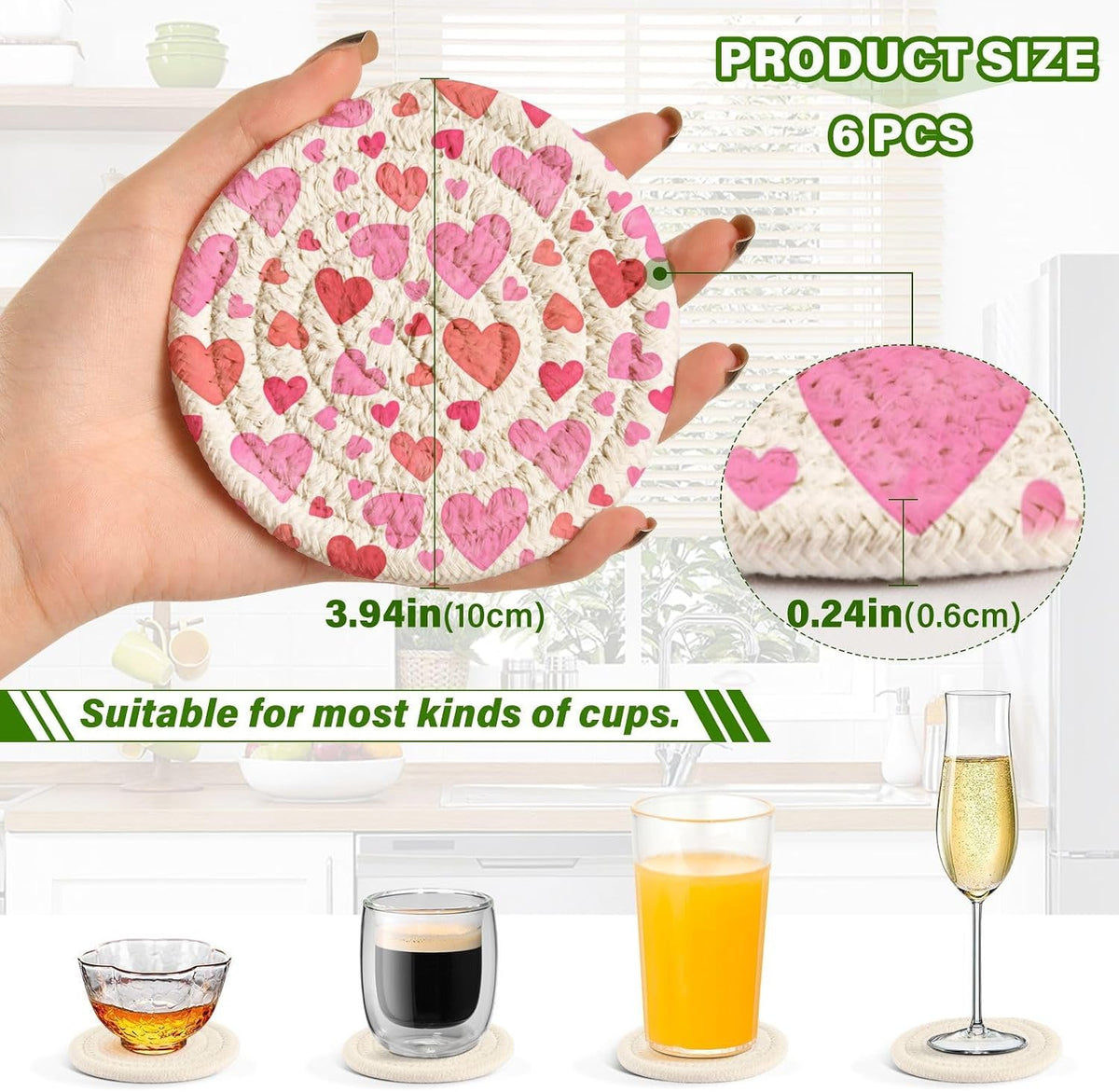 Pink Heart Pattern Coasters Set of 6 with Holder, Woven Rope Coasters for Drinks, Coasters for Dining Table, Office, Home Decor & Tabletop Protection