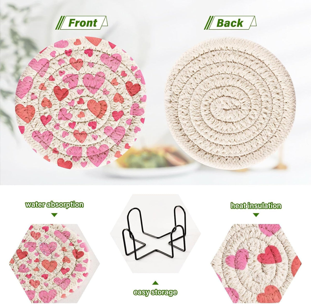 Pink Heart Pattern Coasters Set of 6 with Holder, Woven Rope Coasters for Drinks, Coasters for Dining Table, Office, Home Decor & Tabletop Protection