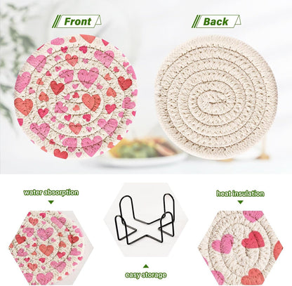 Pink Heart Pattern Coasters Set of 6 with Holder, Woven Rope Coasters for Drinks, Coasters for Dining Table, Office, Home Decor & Tabletop Protection