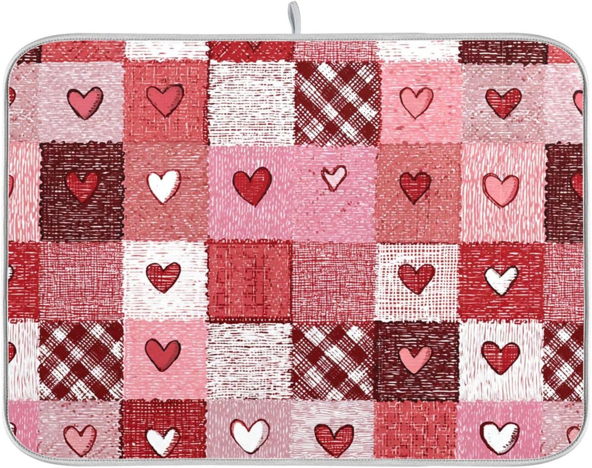 Valentine's Day Hearts Dish Drying Mat for Counter Pink Tartan Plaid Flower Drying Kitchen Mats Coffee Bar Mats for Countertops Dishes Utensils Sinks 16 x 18 IN