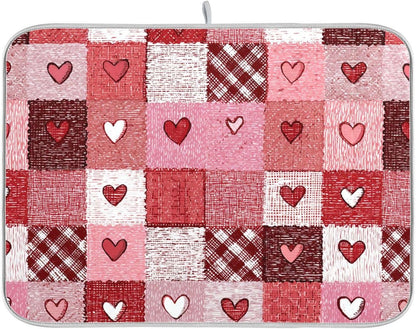 Valentine's Day Hearts Dish Drying Mat for Counter Pink Tartan Plaid Flower Drying Kitchen Mats Coffee Bar Mats for Countertops Dishes Utensils Sinks 16 x 18 IN