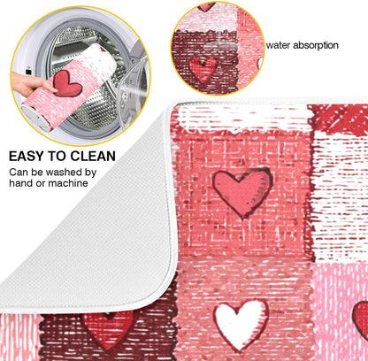 Valentine's Day Hearts Dish Drying Mat for Counter Pink Tartan Plaid Flower Drying Kitchen Mats Coffee Bar Mats for Countertops Dishes Utensils Sinks 16 x 18 IN