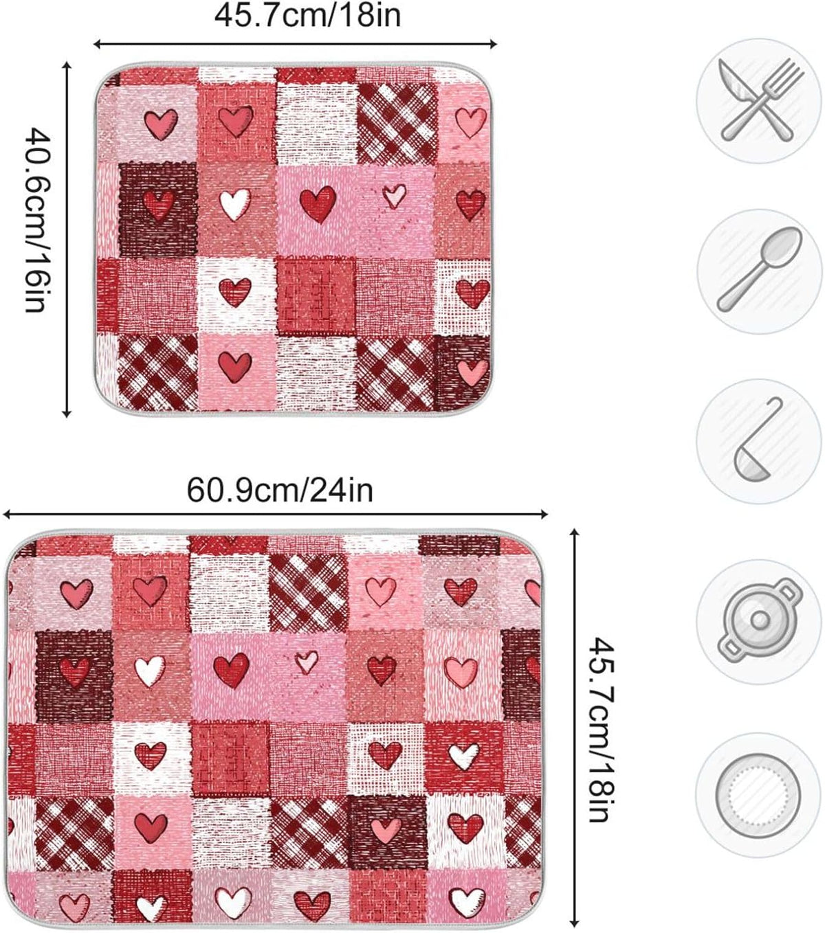 Valentine's Day Hearts Dish Drying Mat for Counter Pink Tartan Plaid Flower Drying Kitchen Mats Coffee Bar Mats for Countertops Dishes Utensils Sinks 16 x 18 IN