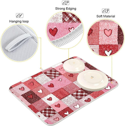 Valentine's Day Hearts Dish Drying Mat for Counter Pink Tartan Plaid Flower Drying Kitchen Mats Coffee Bar Mats for Countertops Dishes Utensils Sinks 16 x 18 IN