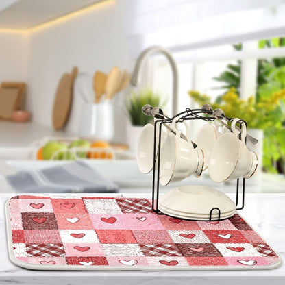 Valentine's Day Hearts Dish Drying Mat for Counter Pink Tartan Plaid Flower Drying Kitchen Mats Coffee Bar Mats for Countertops Dishes Utensils Sinks 16 x 18 IN
