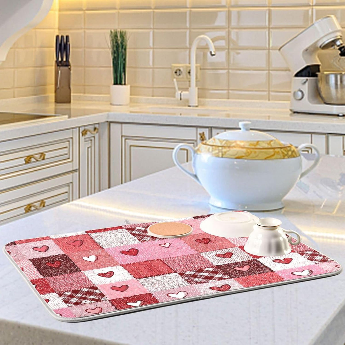 Valentine's Day Hearts Dish Drying Mat for Counter Pink Tartan Plaid Flower Drying Kitchen Mats Coffee Bar Mats for Countertops Dishes Utensils Sinks 16 x 18 IN