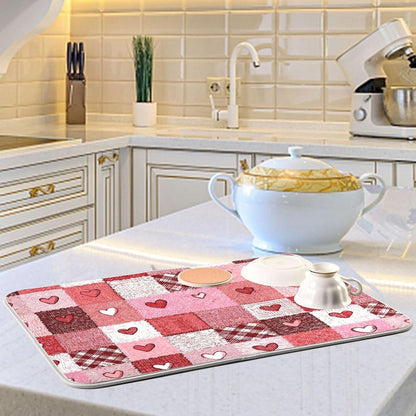 Valentine's Day Hearts Dish Drying Mat for Counter Pink Tartan Plaid Flower Drying Kitchen Mats Coffee Bar Mats for Countertops Dishes Utensils Sinks 16 x 18 IN