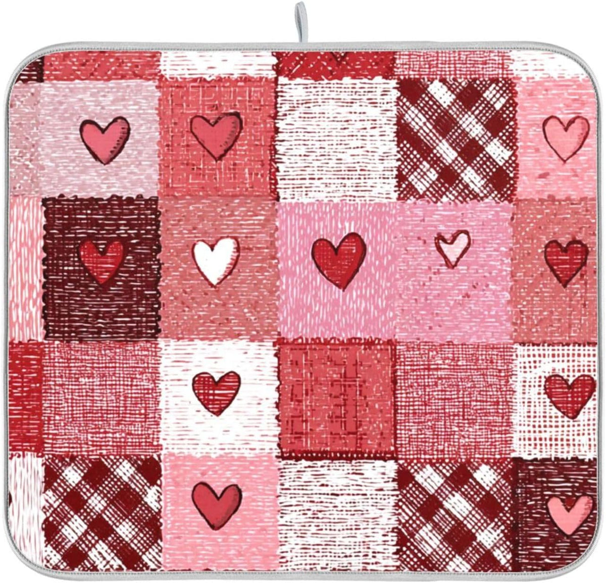 Valentine's Day Hearts Dish Drying Mat for Counter Pink Tartan Plaid Flower Drying Kitchen Mats Coffee Bar Mats for Countertops Dishes Utensils Sinks 16 x 18 IN