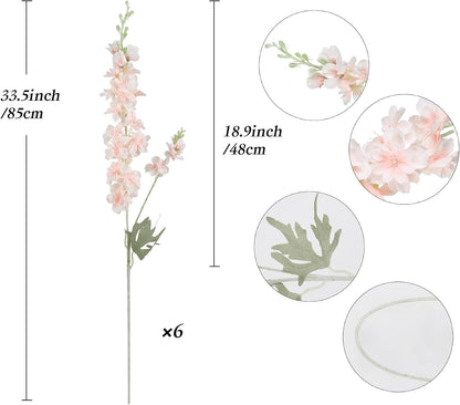 6PCS 33.5in Peach Delphinium Artificial Flowers Silk Faux Delphinium Flowers Long Stem Larkspur Artificial Flowers for Home Garden Wedding Arrangement Decor (Peach)