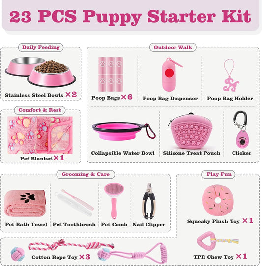 Puppy Supplies Starter Kit, Pink Puppy Essentials for Small Dogs