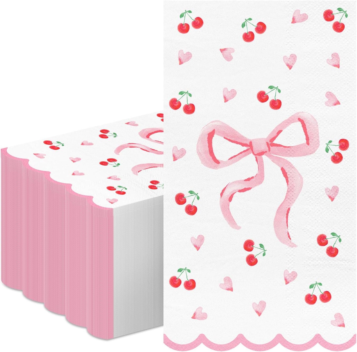 FYSUIMU 50Pcs Pink Bow Scalloped Napkin Coquette Bowknot Cherries Paper Napkin Disposable Dinner Hand Towel for Home Kitchen Bathroom Wedding Bachelorette Bridal Birthday Party Supplies