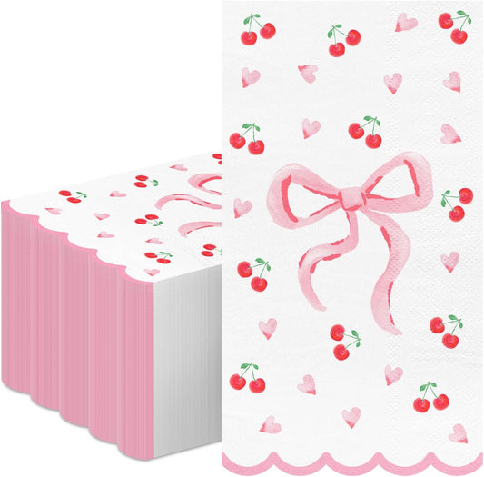 FYSUIMU 50Pcs Pink Bow Scalloped Napkin Coquette Bowknot Cherries Paper Napkin Disposable Dinner Hand Towel for Home Kitchen Bathroom Wedding Bachelorette Bridal Birthday Party Supplies