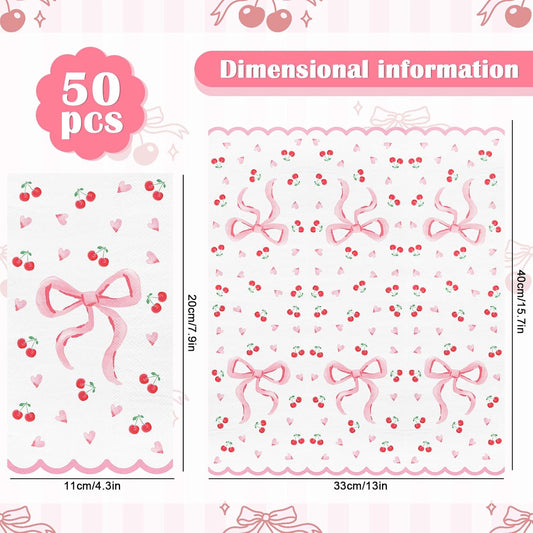 FYSUIMU 50Pcs Pink Bow Scalloped Napkin Coquette Bowknot Cherries Paper Napkin Disposable Dinner Hand Towel for Home Kitchen Bathroom Wedding Bachelorette Bridal Birthday Party Supplies