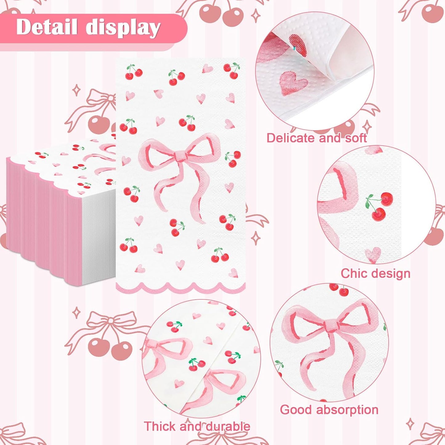 FYSUIMU 50Pcs Pink Bow Scalloped Napkin Coquette Bowknot Cherries Paper Napkin Disposable Dinner Hand Towel for Home Kitchen Bathroom Wedding Bachelorette Bridal Birthday Party Supplies