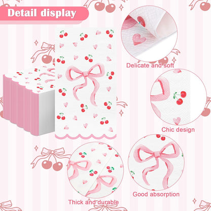 FYSUIMU 50Pcs Pink Bow Scalloped Napkin Coquette Bowknot Cherries Paper Napkin Disposable Dinner Hand Towel for Home Kitchen Bathroom Wedding Bachelorette Bridal Birthday Party Supplies