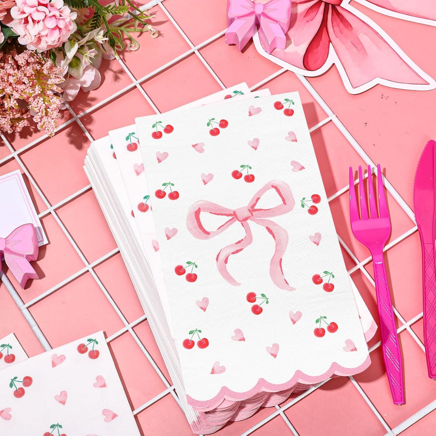 FYSUIMU 50Pcs Pink Bow Scalloped Napkin Coquette Bowknot Cherries Paper Napkin Disposable Dinner Hand Towel for Home Kitchen Bathroom Wedding Bachelorette Bridal Birthday Party Supplies