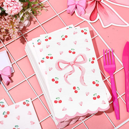 FYSUIMU 50Pcs Pink Bow Scalloped Napkin Coquette Bowknot Cherries Paper Napkin Disposable Dinner Hand Towel for Home Kitchen Bathroom Wedding Bachelorette Bridal Birthday Party Supplies
