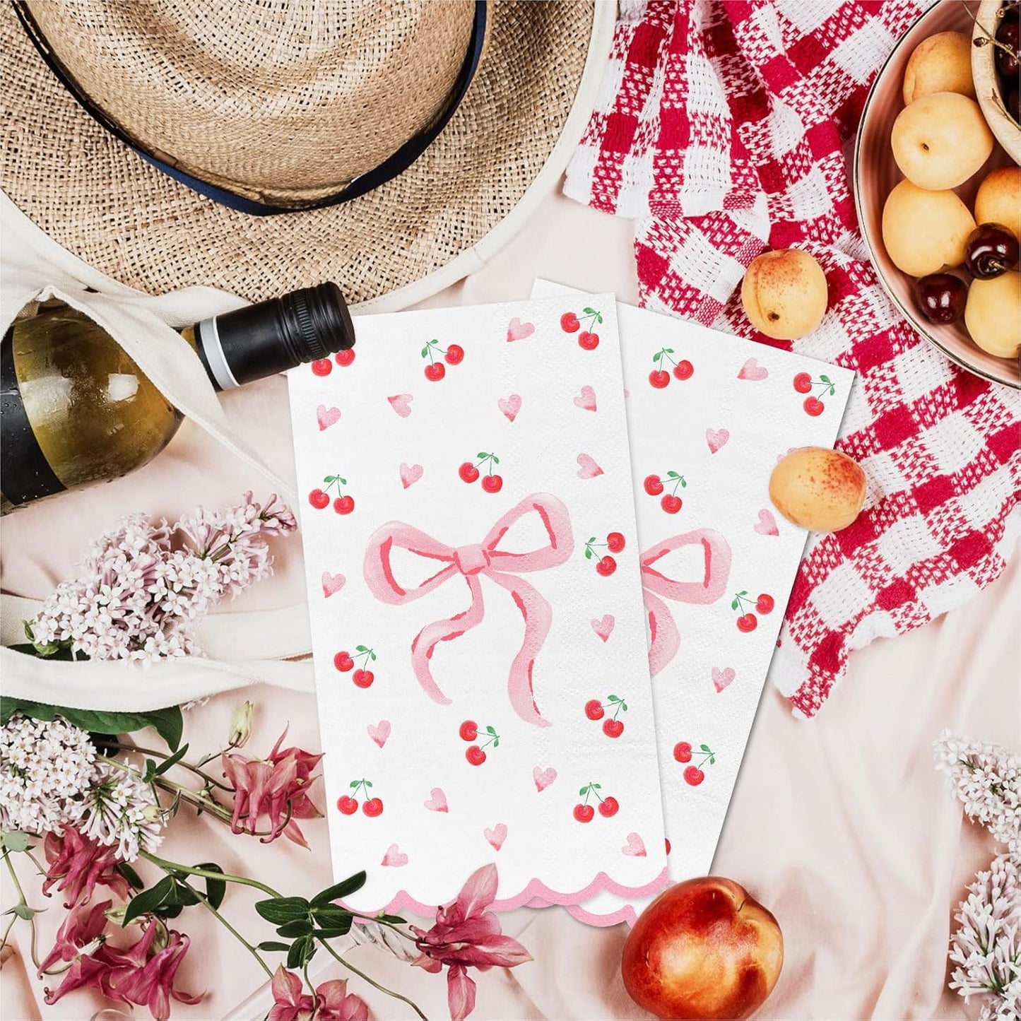 FYSUIMU 50Pcs Pink Bow Scalloped Napkin Coquette Bowknot Cherries Paper Napkin Disposable Dinner Hand Towel for Home Kitchen Bathroom Wedding Bachelorette Bridal Birthday Party Supplies