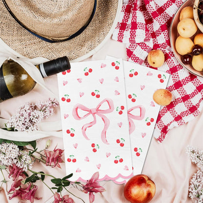 FYSUIMU 50Pcs Pink Bow Scalloped Napkin Coquette Bowknot Cherries Paper Napkin Disposable Dinner Hand Towel for Home Kitchen Bathroom Wedding Bachelorette Bridal Birthday Party Supplies