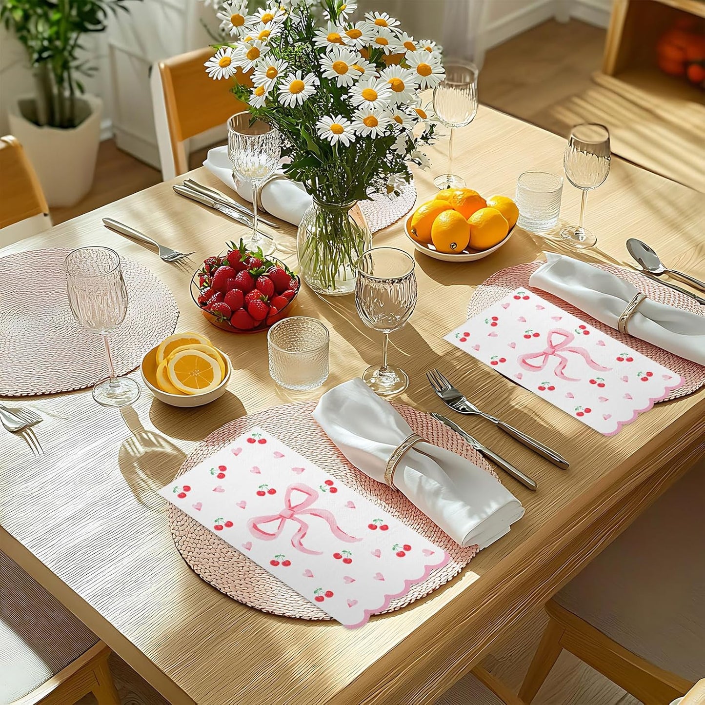 FYSUIMU 50Pcs Pink Bow Scalloped Napkin Coquette Bowknot Cherries Paper Napkin Disposable Dinner Hand Towel for Home Kitchen Bathroom Wedding Bachelorette Bridal Birthday Party Supplies