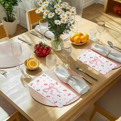FYSUIMU 50Pcs Pink Bow Scalloped Napkin Coquette Bowknot Cherries Paper Napkin Disposable Dinner Hand Towel for Home Kitchen Bathroom Wedding Bachelorette Bridal Birthday Party Supplies