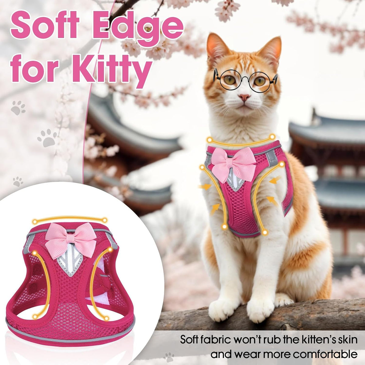 Cat Vest Harness and Leash Set, Escape Proof Kitten Harness Pink XS