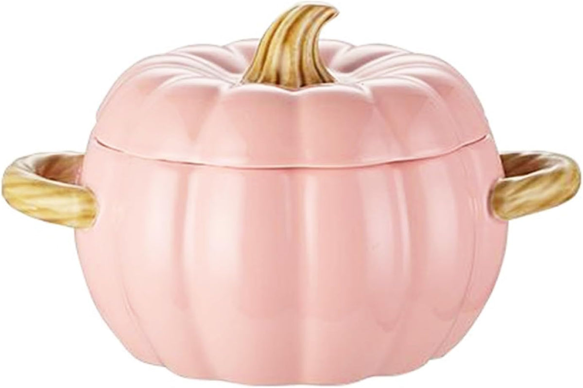 Dutch Oven Pot with Lid, Pumpkin Pottery Dessert Saucepan, Mini Baking Dish Cute Pumpkin Bowl, Covered Dutch Oven Ceramic Stockpot, Pumpkins-Shaped Casserole (Pink)
