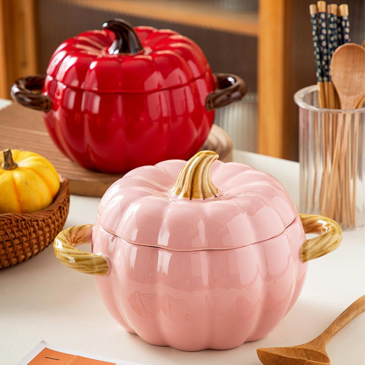 Dutch Oven Pot with Lid, Pumpkin Pottery Dessert Saucepan, Mini Baking Dish Cute Pumpkin Bowl, Covered Dutch Oven Ceramic Stockpot, Pumpkins-Shaped Casserole (Pink)
