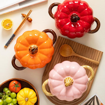 Dutch Oven Pot with Lid, Pumpkin Pottery Dessert Saucepan, Mini Baking Dish Cute Pumpkin Bowl, Covered Dutch Oven Ceramic Stockpot, Pumpkins-Shaped Casserole (Pink)