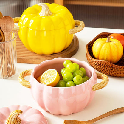 Dutch Oven Pot with Lid, Pumpkin Pottery Dessert Saucepan, Mini Baking Dish Cute Pumpkin Bowl, Covered Dutch Oven Ceramic Stockpot, Pumpkins-Shaped Casserole (Pink)