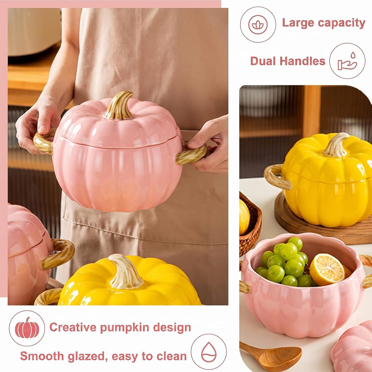 Dutch Oven Pot with Lid, Pumpkin Pottery Dessert Saucepan, Mini Baking Dish Cute Pumpkin Bowl, Covered Dutch Oven Ceramic Stockpot, Pumpkins-Shaped Casserole (Pink)