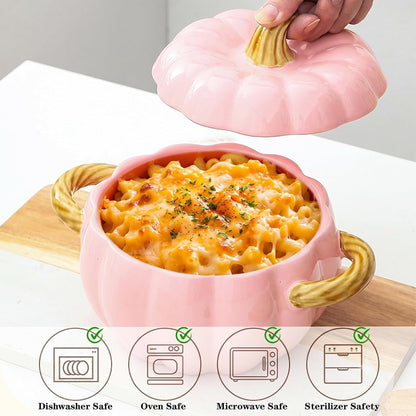 Dutch Oven Pot with Lid, Pumpkin Pottery Dessert Saucepan, Mini Baking Dish Cute Pumpkin Bowl, Covered Dutch Oven Ceramic Stockpot, Pumpkins-Shaped Casserole (Pink)