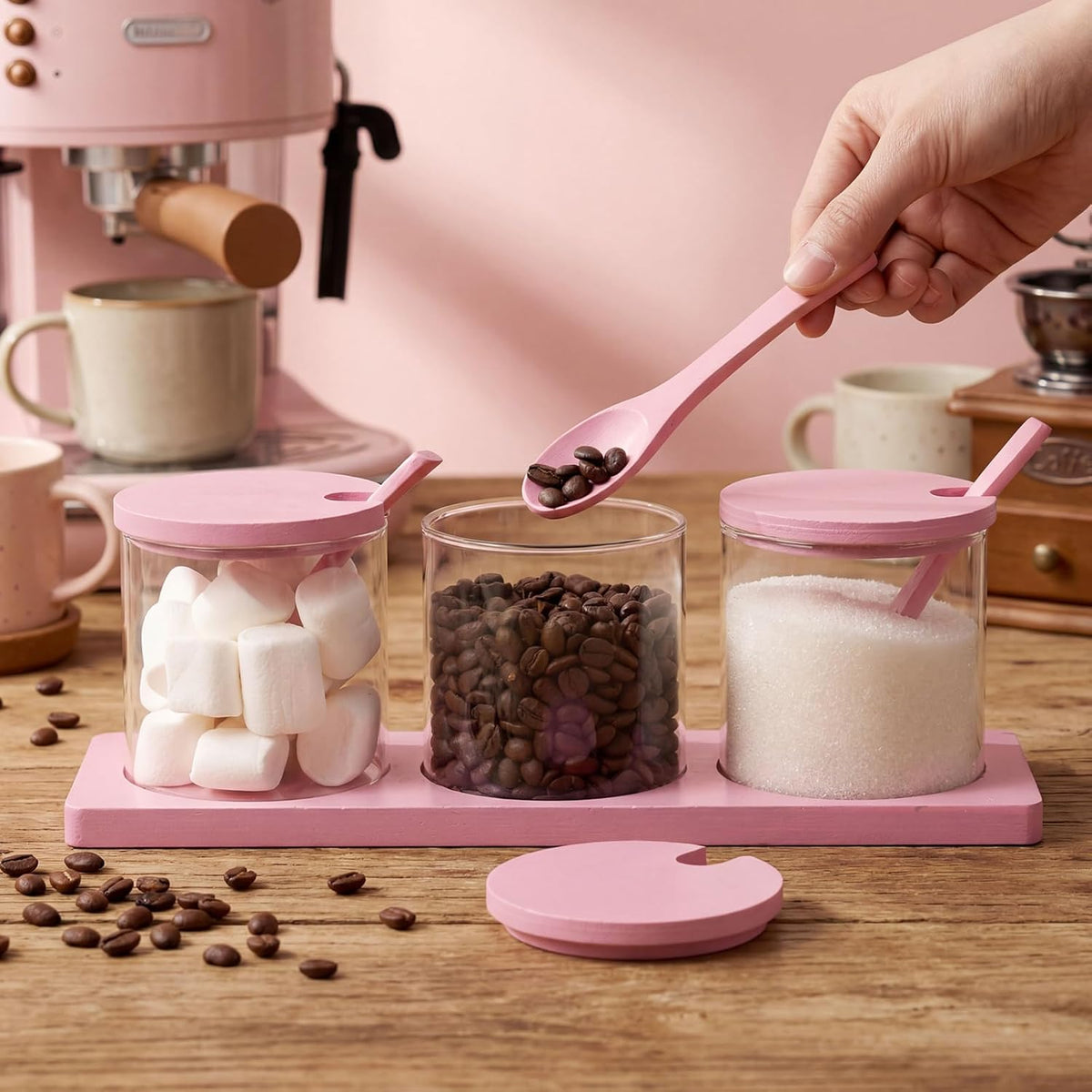 3 Pcs Coffee Bar Accessories Set Glass Condiment Jars with Wooden Lids Spoons, Spice Jar Set with Tray, Sugar Tea Containers for Coffee Station Organizer Kitchen Decoration(Pink)
